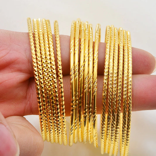 6 Pairs of African Gold Color Shiny Bangles for Women Circle Bracelet Jewelry Ethiopian Bride Wedding