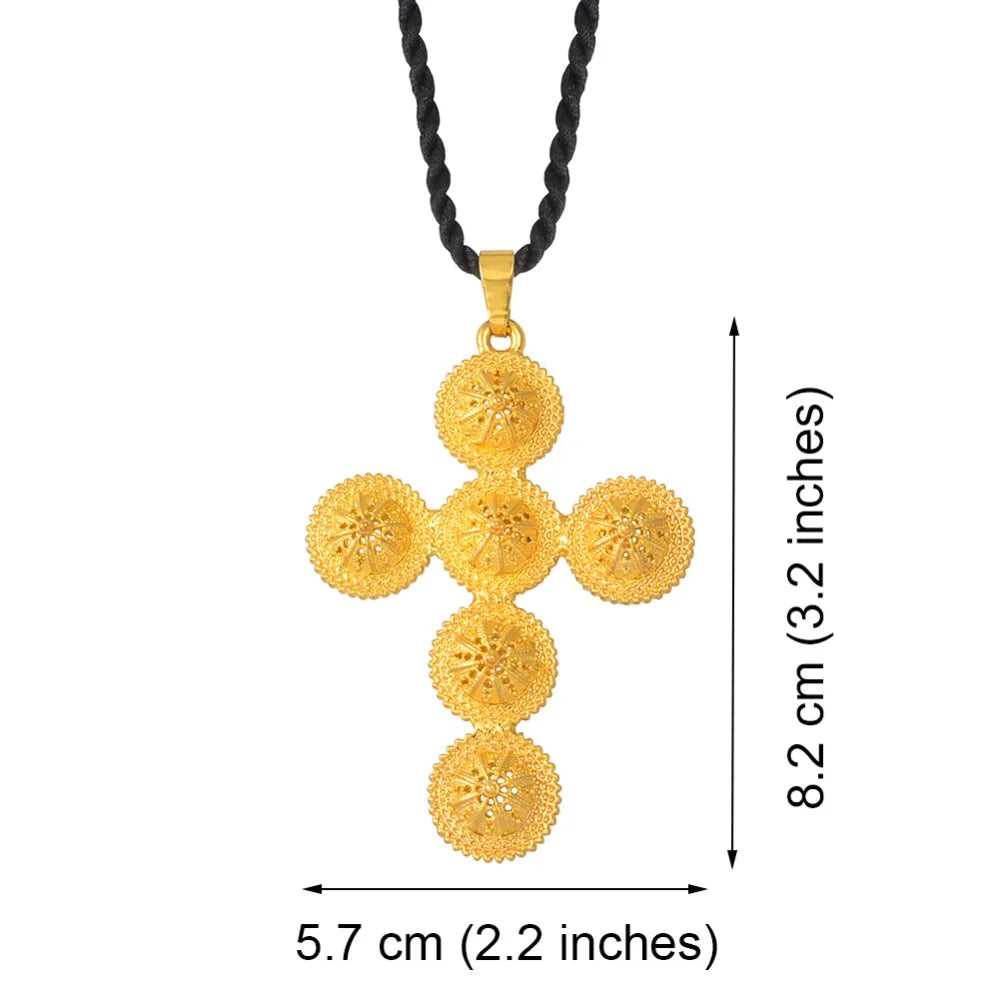 Ethiopian Cross Pendant and Black Rope For Women  Silver Color/Gold Color African Jewelry Eritrean Married