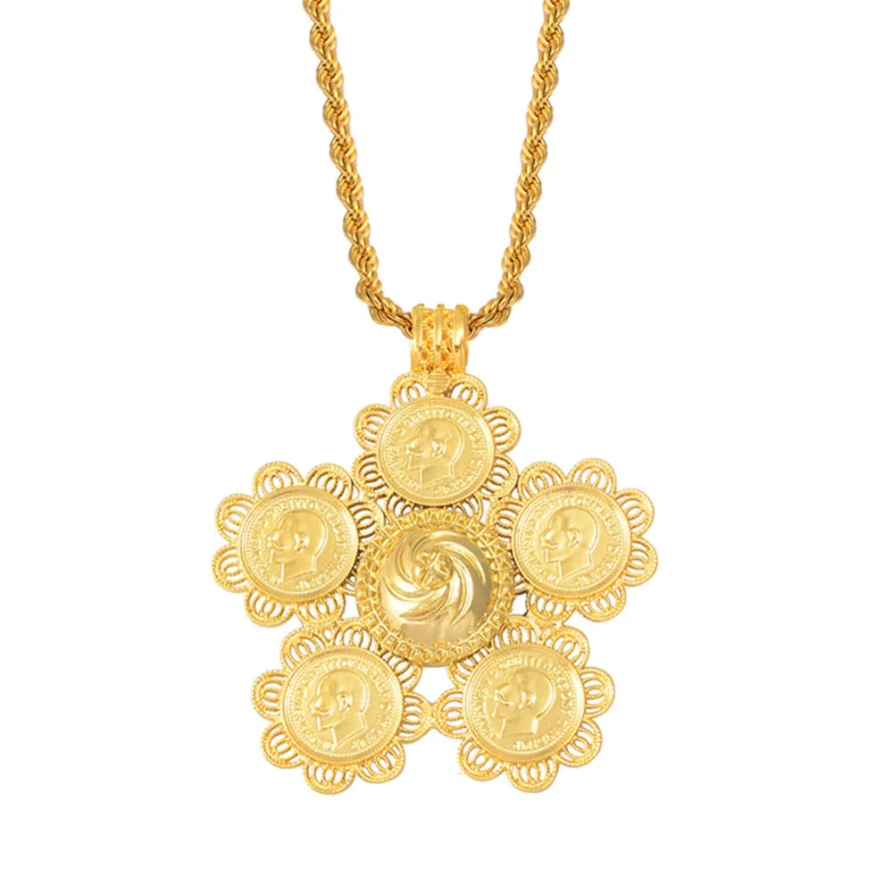 Ethiopia Coins Jewelry Arab Pendant Necklaces Women Ethiopian Wedding Eritrea African Gold Color Coin Jewellery