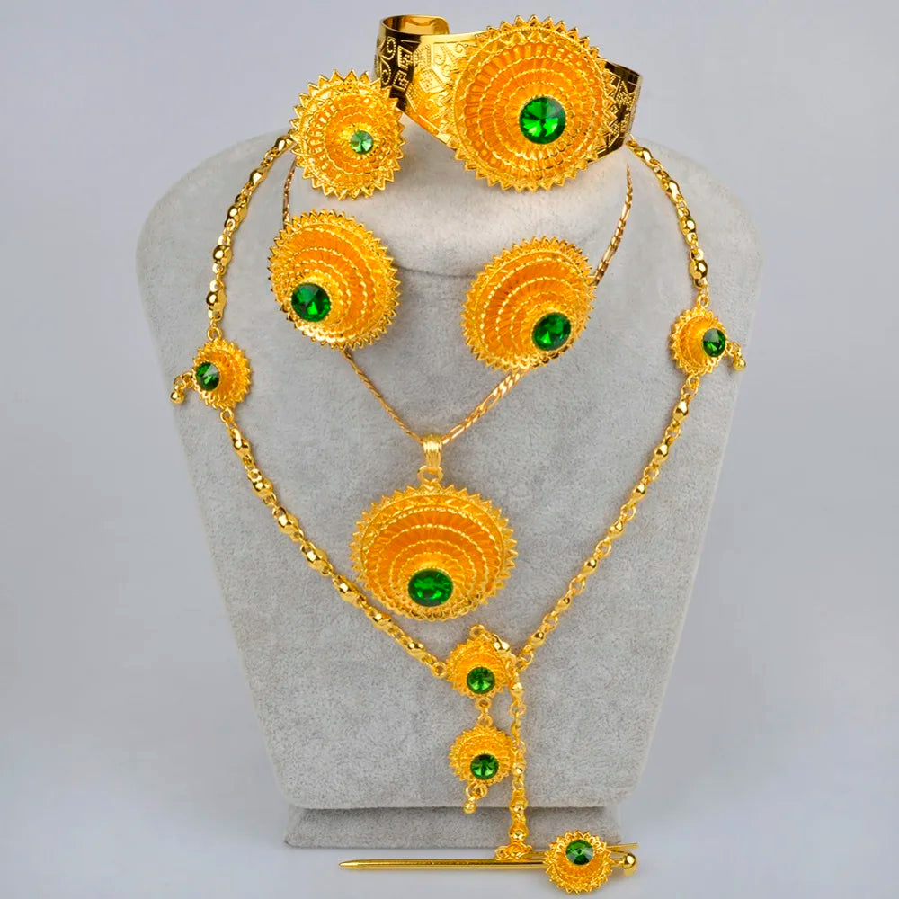 Ethiopian Jewelry set Gold Color Green Stone With Hair Piece Hair Pin Women Fashion Eritrea Habesha African