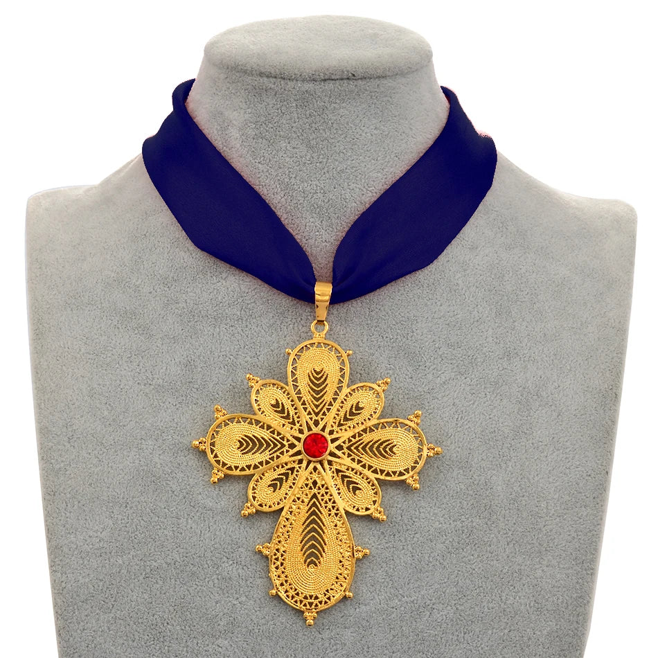 Ethiopian Wedding Party Cross Pendant DIY Rope Chain for Women ,Gold Color Eritrea Jewelry African Crosses