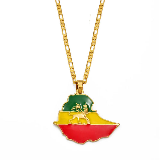 4.7CM Ethiopian Map Flag Pendant Necklace for Women Men Gold Color Ethiopia Jewelry Map Chains