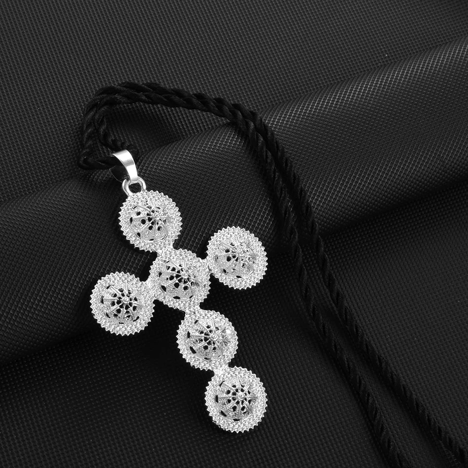 Ethiopian Cross Pendant and Black Rope For Women  Silver Color/Gold Color African Jewelry Eritrean Married