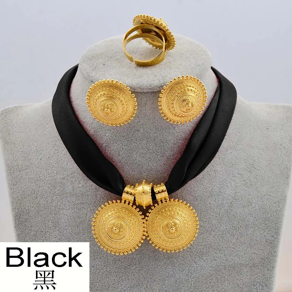 DIY Rope Chain Ethiopian Jewelry Set Gold Color Eritrea Ethnic Style Habesha Pendant Earrings Ring