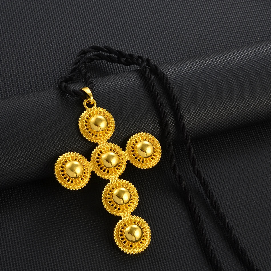 Ethiopian Cross Pendant and Black Rope For Women  Silver Color/Gold Color African Jewelry Eritrean Married
