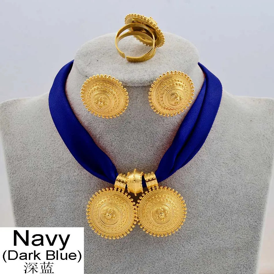 DIY Rope Chain Ethiopian Jewelry Set Gold Color Eritrea Ethnic Style Habesha Pendant Earrings Ring