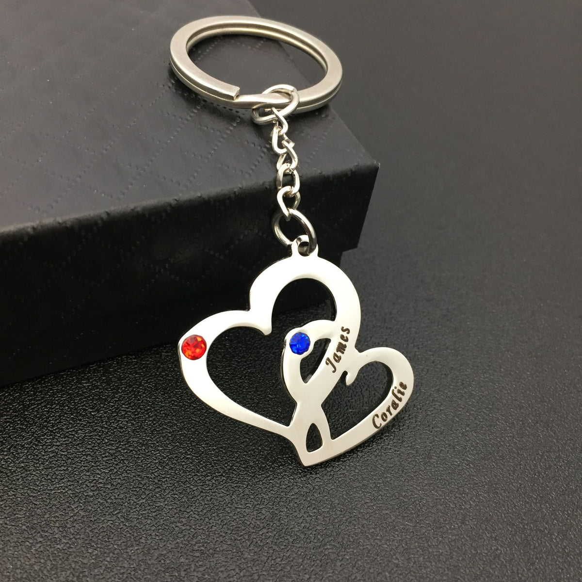 Stainless stellar double- heart couble keychain  customengraved wish rhinestones
