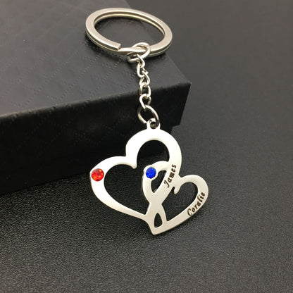 Stainless stellar double- heart couble keychain  customengraved wish rhinestones