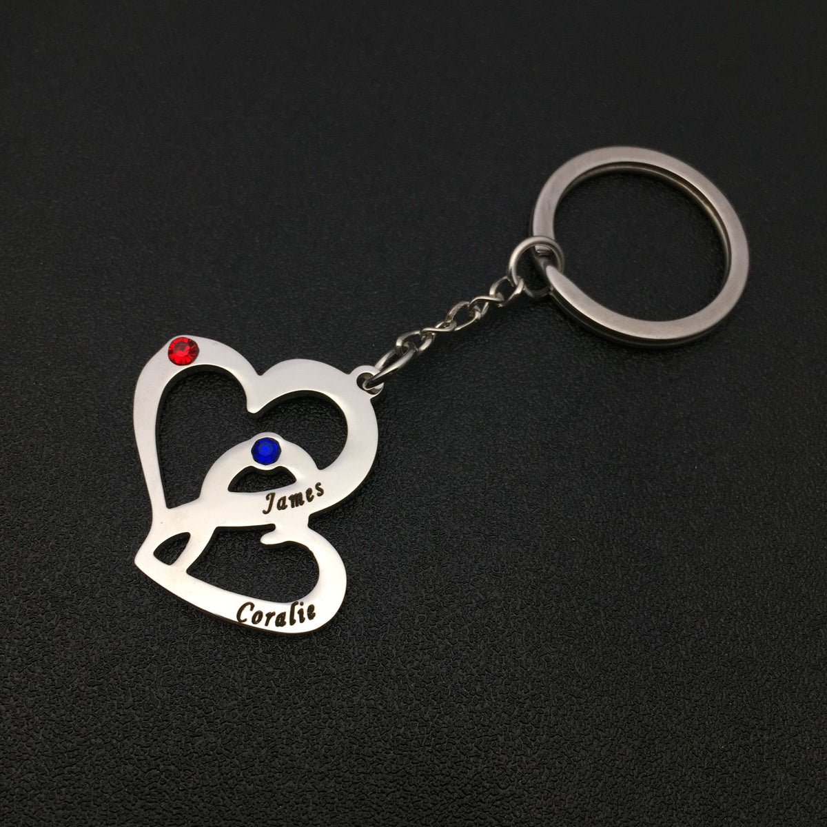 Stainless stellar double- heart couble keychain  customengraved wish rhinestones