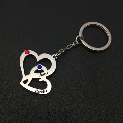 Stainless stellar double- heart couble keychain  customengraved wish rhinestones