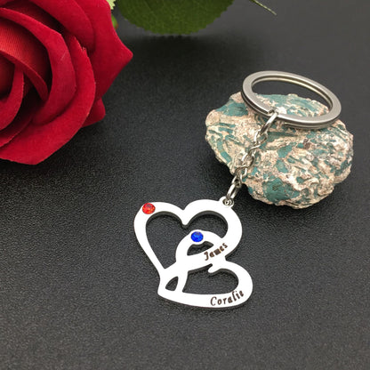 Stainless stellar double- heart couble keychain  customengraved wish rhinestones