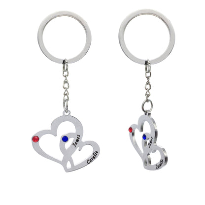 Stainless stellar double- heart couble keychain  customengraved wish rhinestones