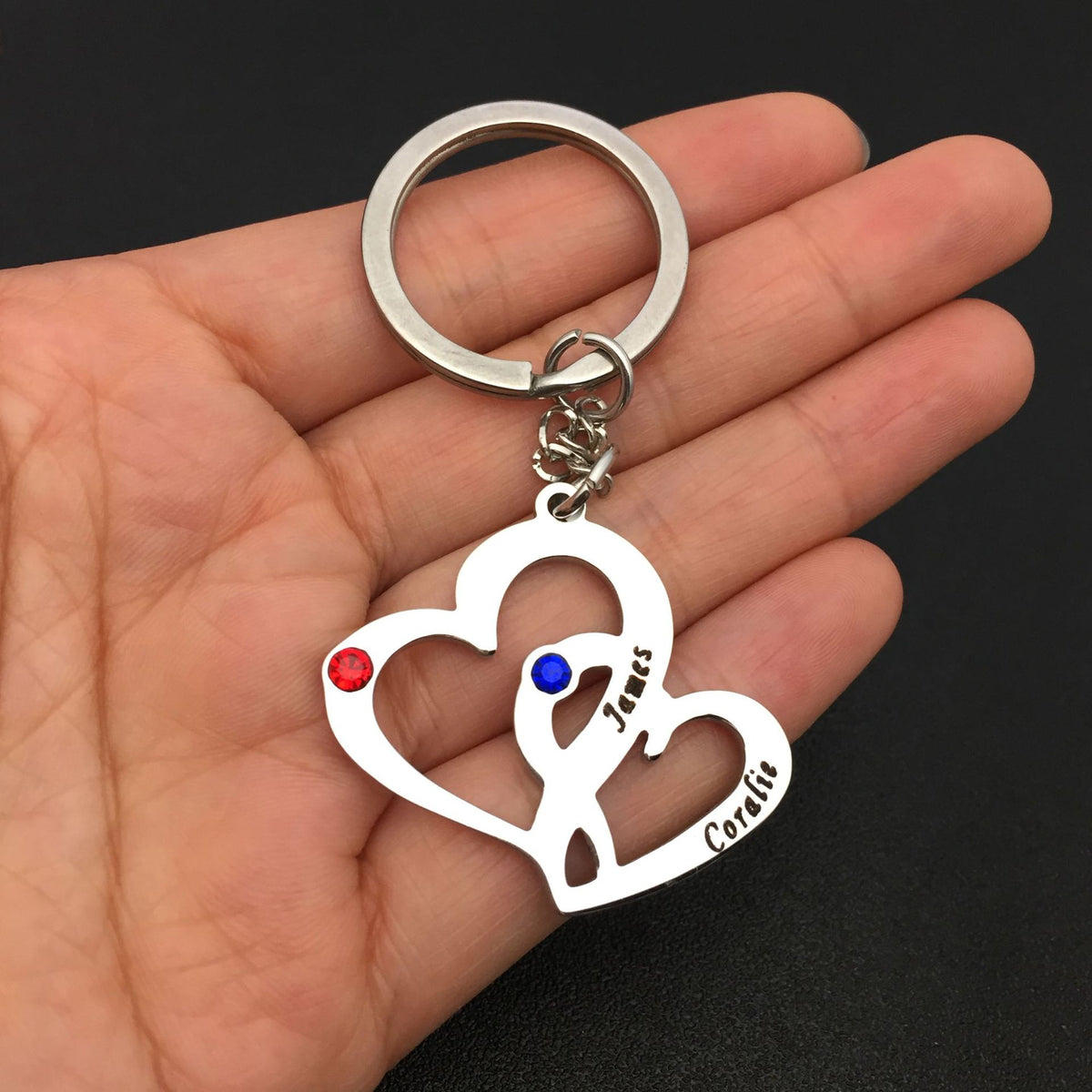 Stainless stellar double- heart couble keychain  customengraved wish rhinestones