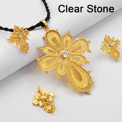 Ethiopian Jewelry sets Cross Pendant Necklaces Earrings Rings Silver/Gold Color African Eritrean Habesha Wedding