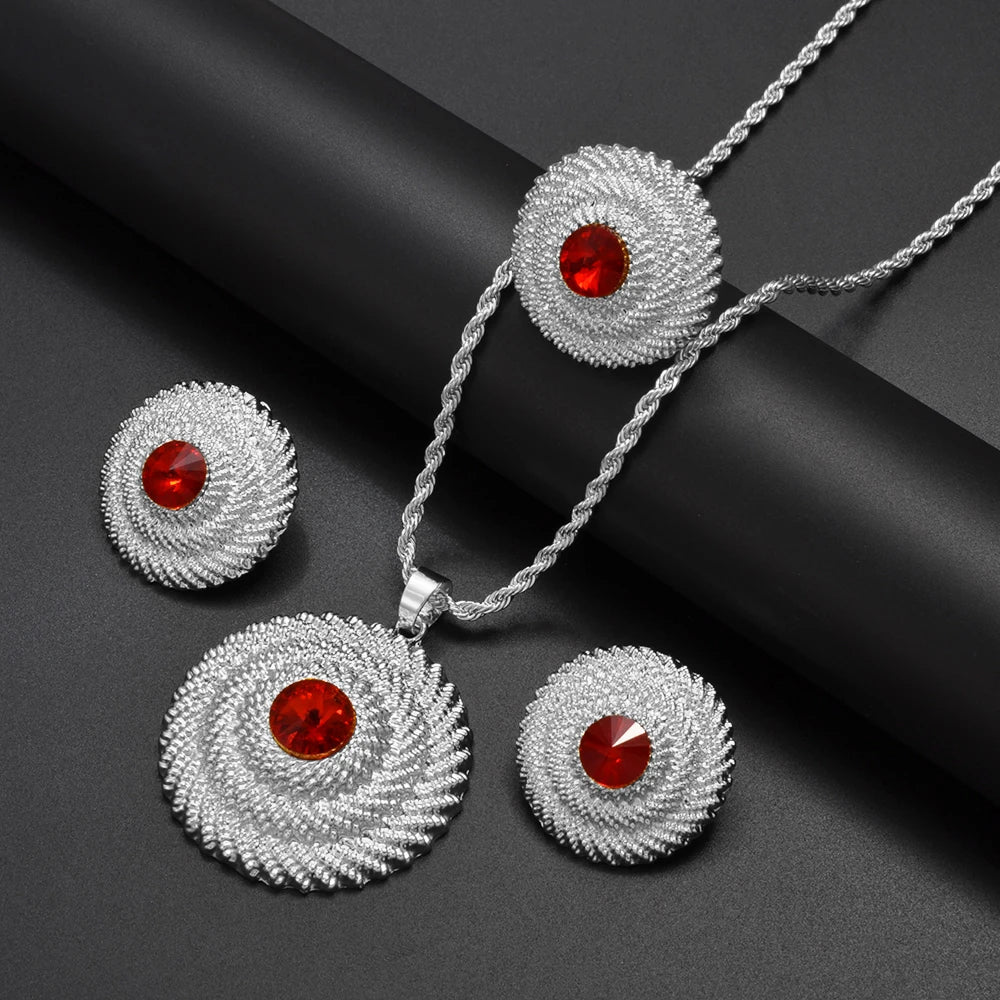 Ethiopian Jewelry Sets RED/BLUE/GREEN Pendant Necklaces Earrings Rings Habesha Eritrean African Marriage Dowry