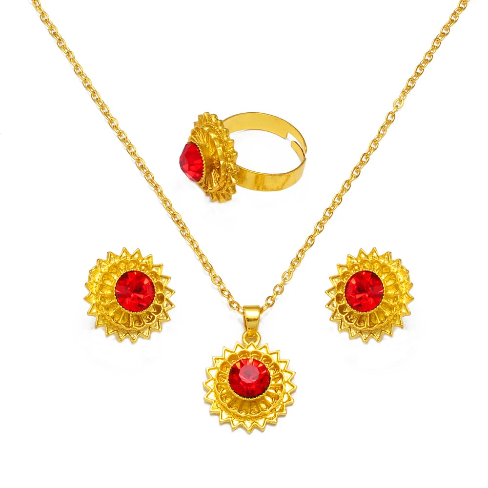 Small Ethiopian Jewelry Sets Red Blue Green Pendant Necklaces Earrings Ring Eritrean Habesha birthday Party