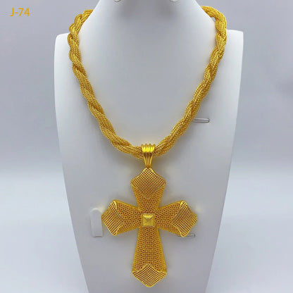 Ethiopian Cross Pendant Twisted Chain for Women Man African Wedding Party Gold Color Eritrea Jewelry Cross Gift