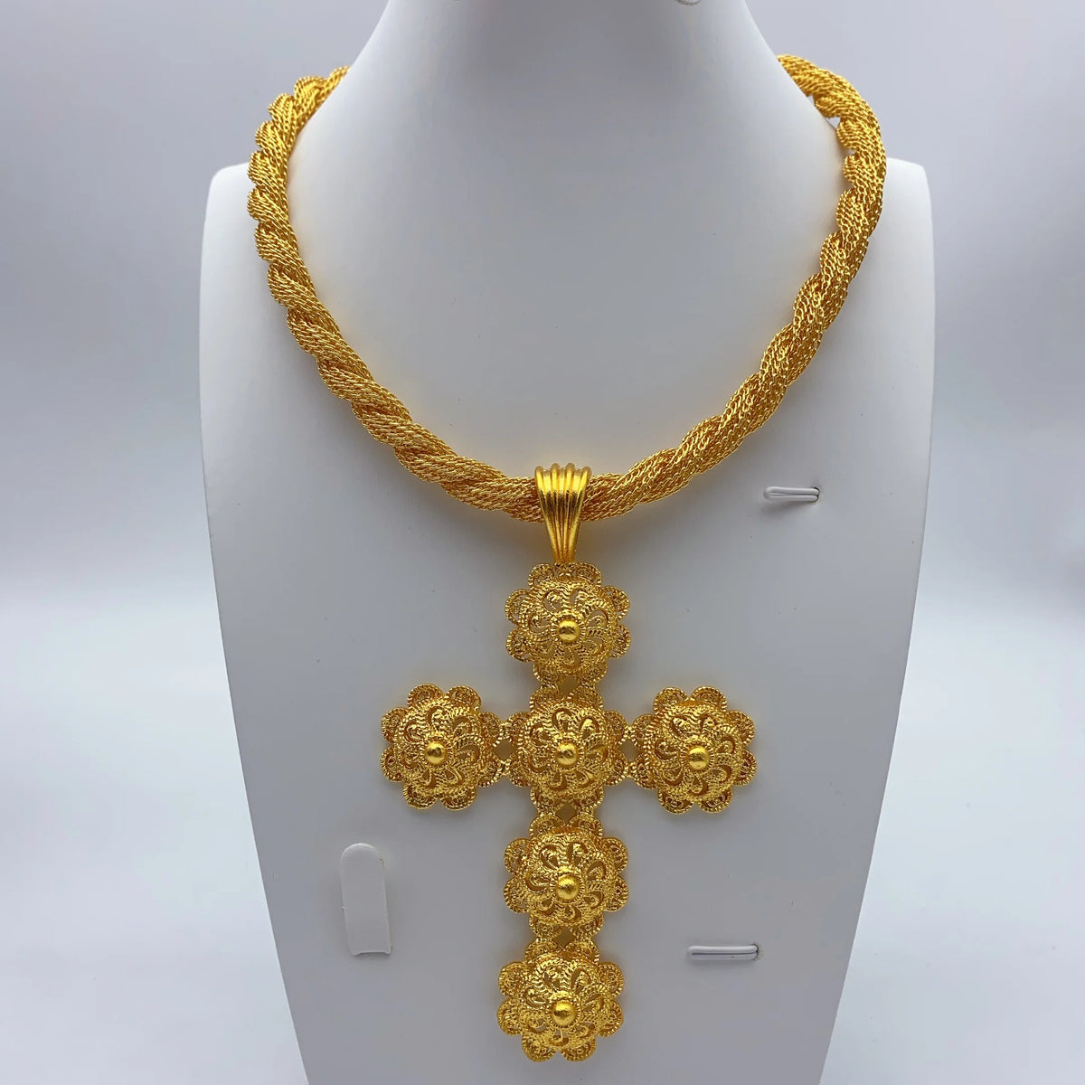 Ethiopian Cross Pendant Twisted Chain for Women Man African Wedding Party Gold Plated Dubai Eritrea Jewelry Cross Gift