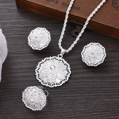 Silver Plated Fashion Ethiopian Big Size Earrings/Pendant/Ring Jewelry Sets Silver Plate Africa Bride Wedding Eritrea Set Gift