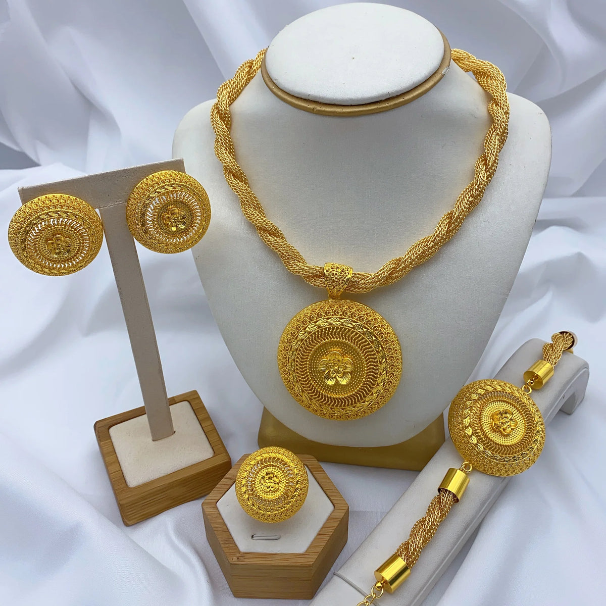 Luxury Ethiopian Round Necklace And Earrings Jewelry Sets For Women Dubai Indian Bridal 24k Gold Color Set Wedding Party Gifts