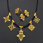 Ethiopian Cross Pendant Black Rope Earrings Ring Sets African Eritrean Religion Wedding Party