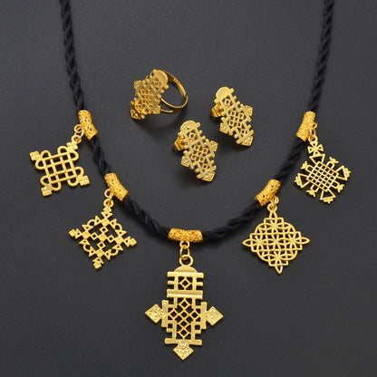 Ethiopian Cross Pendant Black Rope Earrings Ring Sets African Eritrean Religion Wedding Party