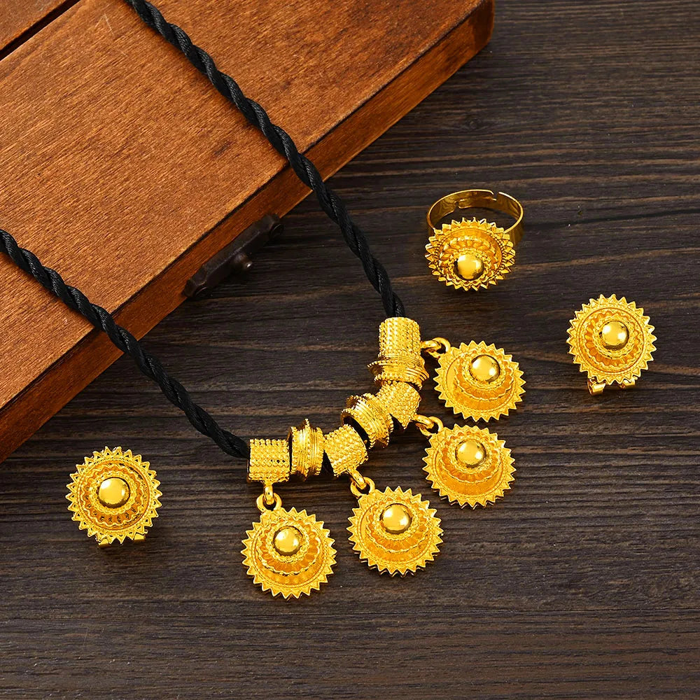Gold Plated Plain Ethiopian Eritrea Ethnic Classic Cute Size Earring/Pendant/Ring /Bracelet Jewelry Bride Wedding Set Gifts