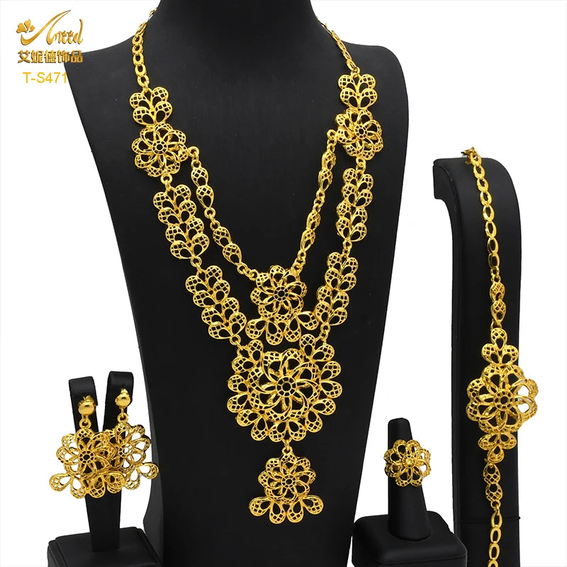 ANIID New Indian 24K Gold Color Long Necklace Set Nigerian Party Bridal Wedding Ethiopian Luxury Dubai Jewelry Wholesale Gifts