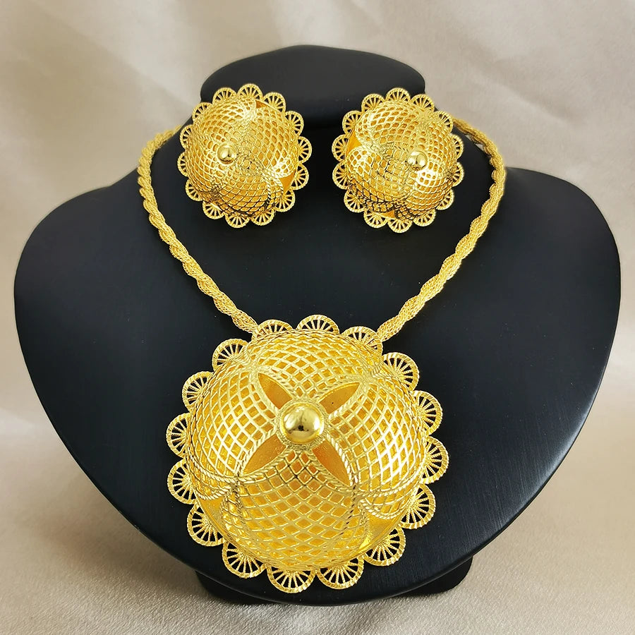 Luxury Gold Plated Filigree Jewelry Set Ethiopian Traditional Bib Necklace Bangle Earrings Ring for Women Wedding Gift