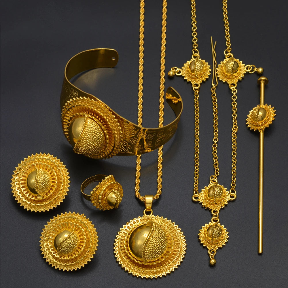 Eritrean Jewelry Set For Women Ethiopian Necklaces Earrings Rings Bracelets Hairpins And Forehead Chains Wedding Dowry