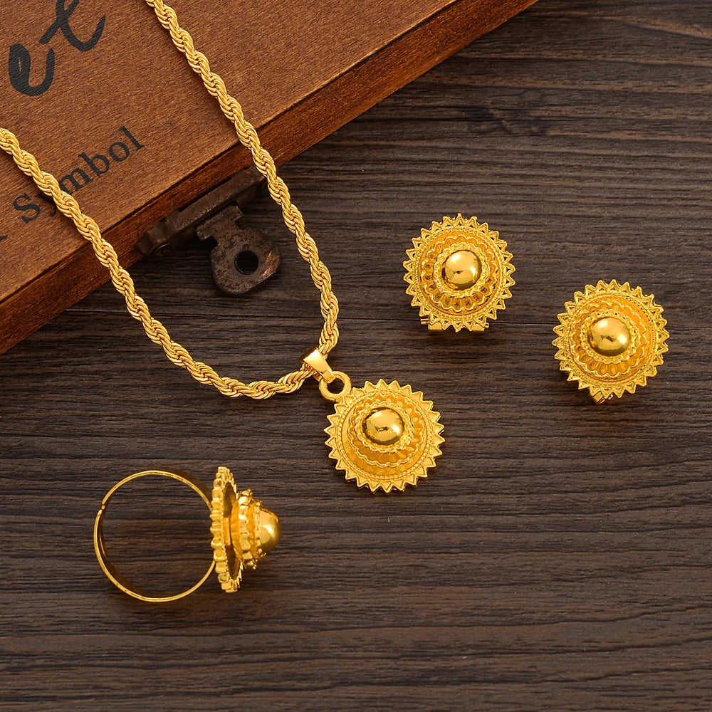 Eritrean Ethiopian Jewelry Pendant Necklaces Earrings Ring Headchain for Women Gold Color African Weeding Productss Gift