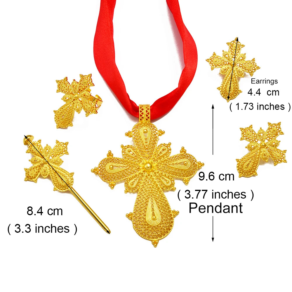 Ethiopian Cross Jewelry sets Silver/Gold Color Necklaces Earrings Ring Hairpin Eritrean African Ethnic Wedding