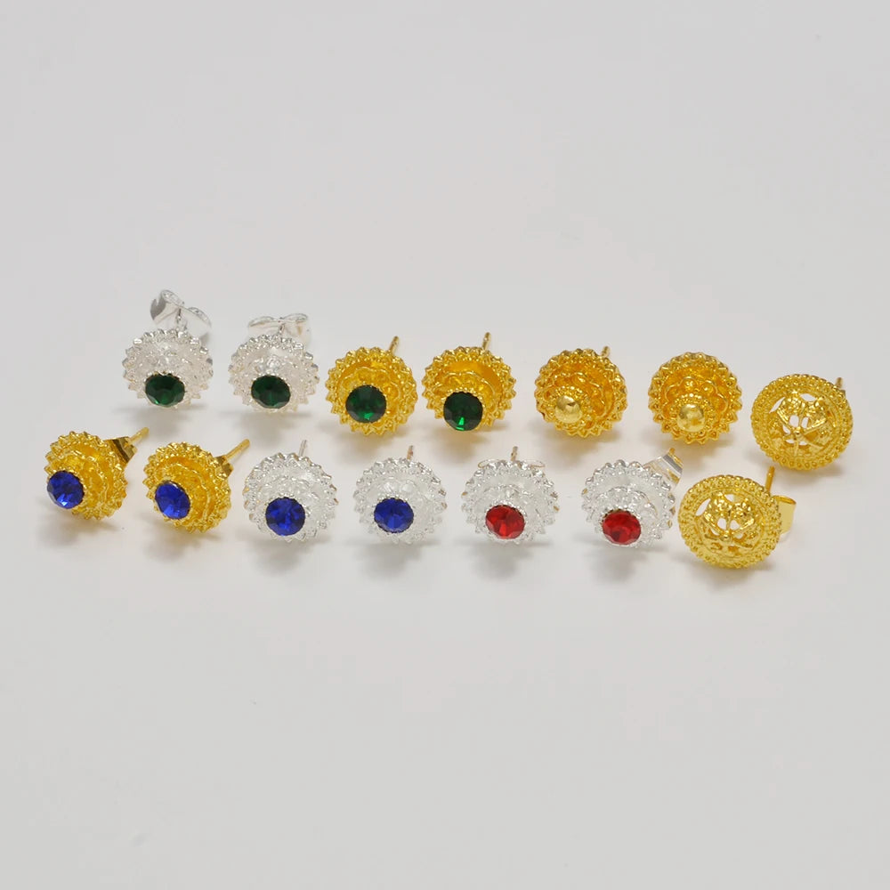 Ethiopian Small Round & Cross Stud Earrings Women  Eritrean Jewelry African Little Ear Studs With Rhinestone