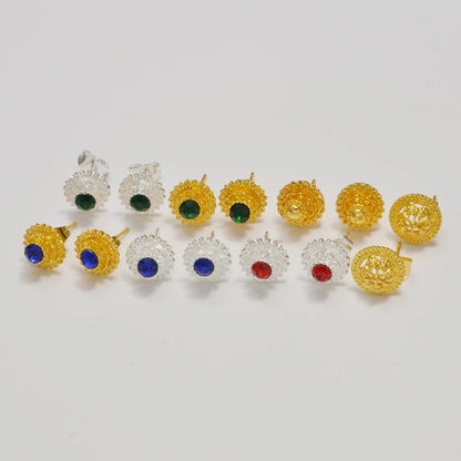Ethiopian Small Round & Cross Stud Earrings Women  Eritrean Jewelry African Little Ear Studs With Rhinestone