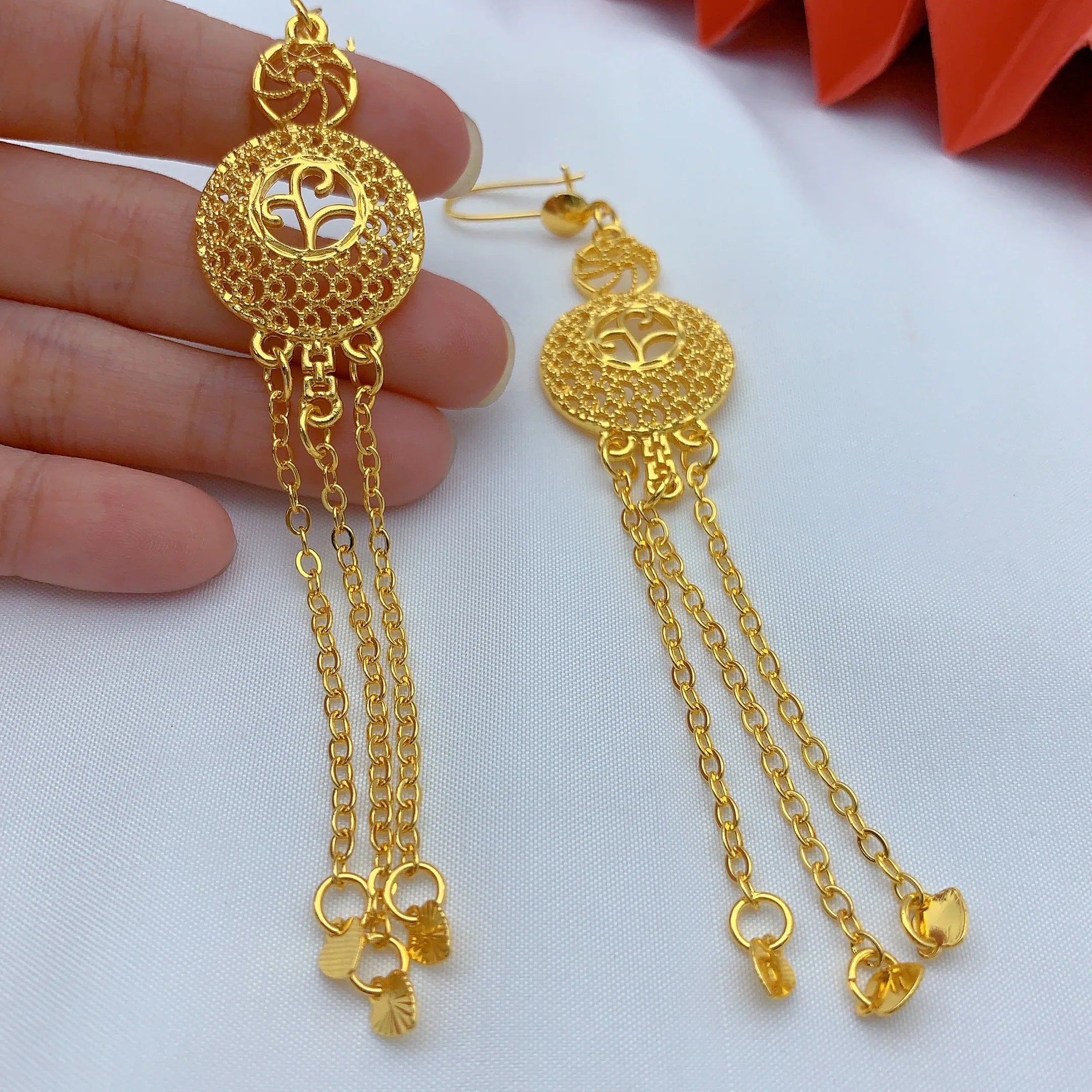 Ethiopian 24K Gold Color Jewelry Set For Women Bridal Dubai Nigerian Long Tassel Necklace Bracelet Earring Ring Sets Party Gift