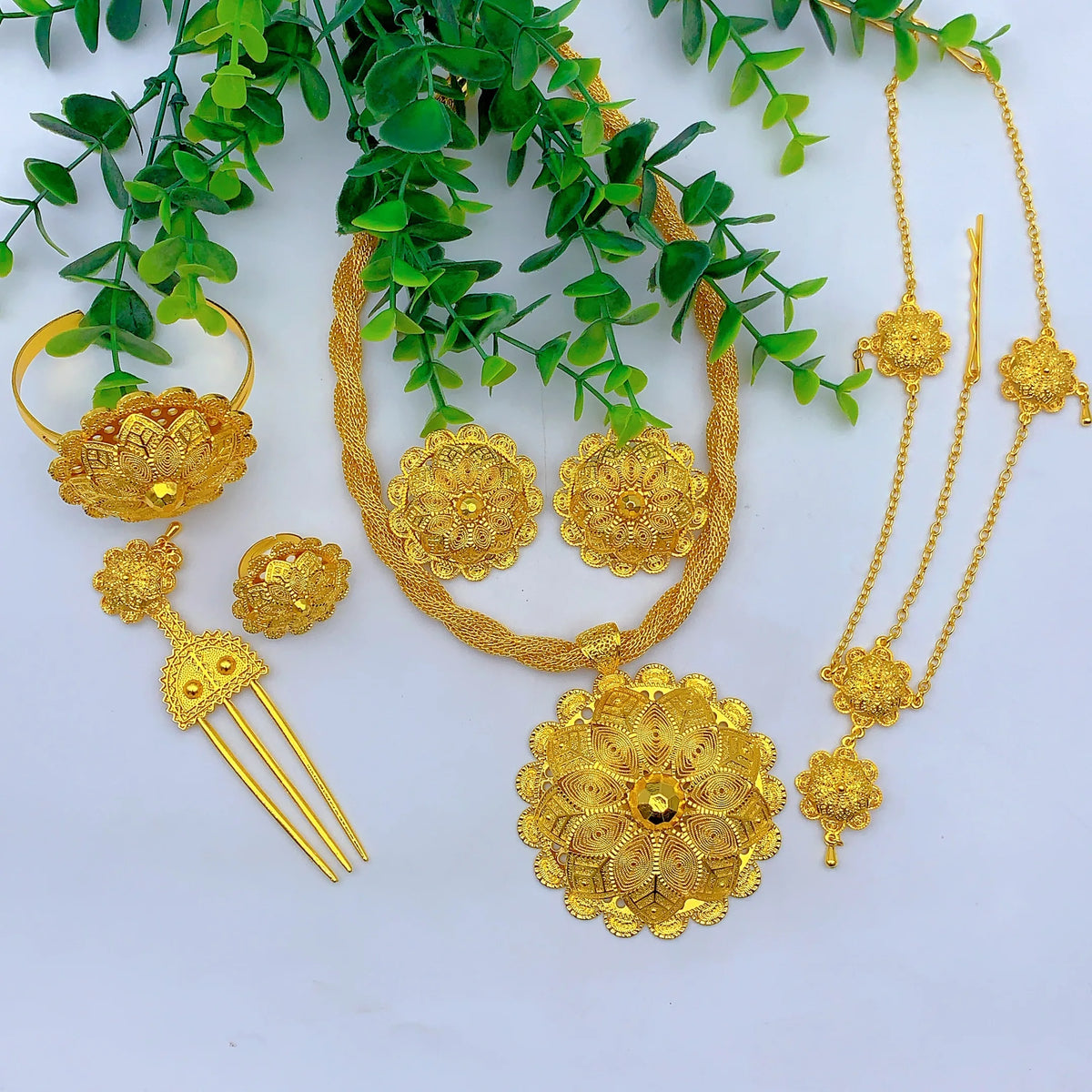 Ethiopian Gold Plated 6PCS Jewelry Set For Woman Big Pendant Necklace Wedding Engagement Gifts