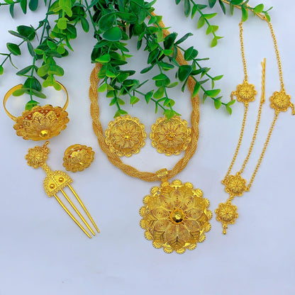 Ethiopian Gold Plated 6PCS Jewelry Set For Woman Big Pendant Necklace Wedding Engagement Gifts