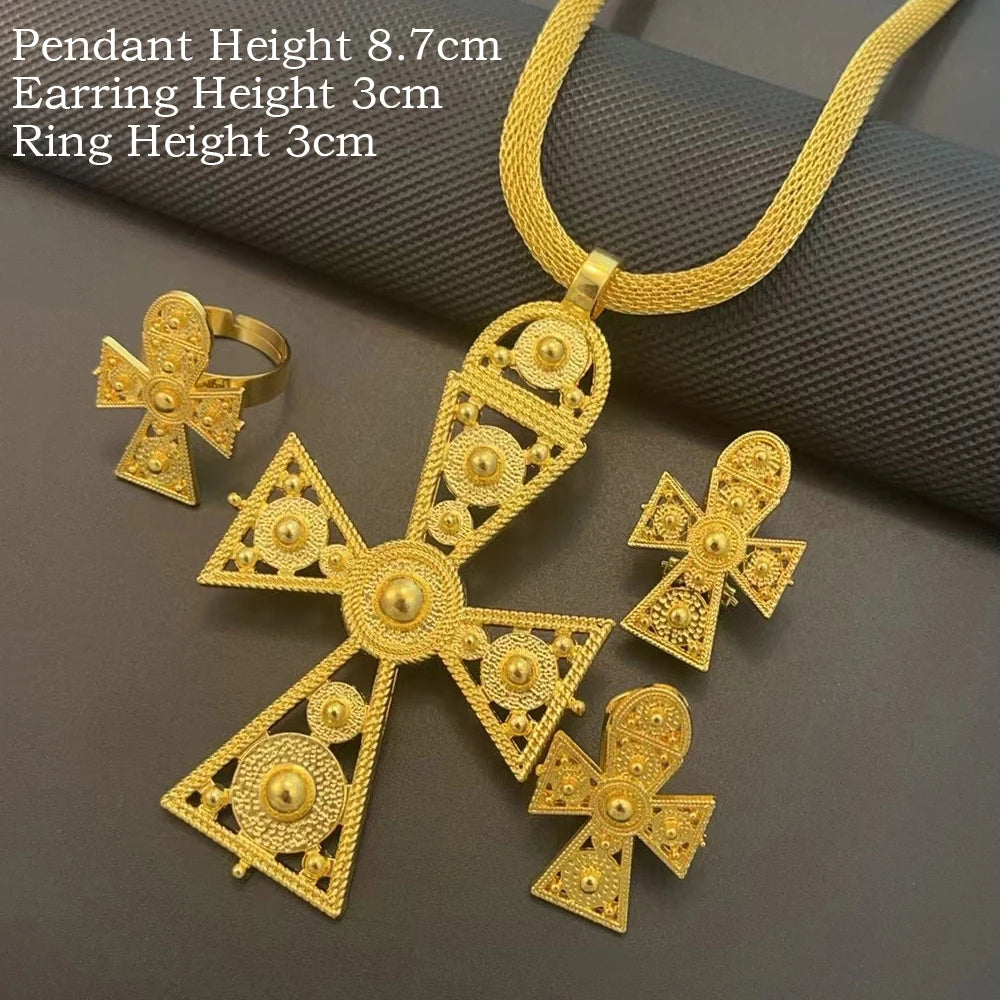 Ethiopian Jewelry Sets Big Cross Pendant Hollow Necklaces Earrings Rings Habesha Eritrean African Wedding