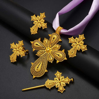 Ethiopian Cross Jewelry sets Silver/Gold Color Necklaces Earrings Ring Hairpin Eritrean African Ethnic Wedding