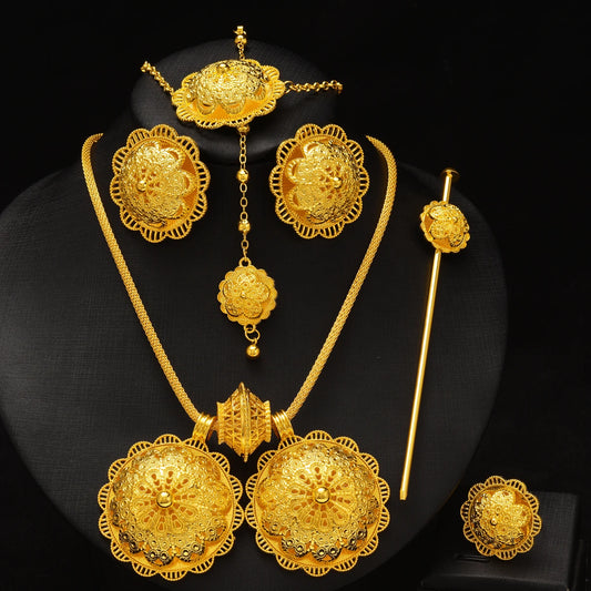 Ethiopian Golden Color Jewelry Set 3-piece/4-piece/6-piece Women Pendant Necklace Earrings Ring Bracelet Head Chain