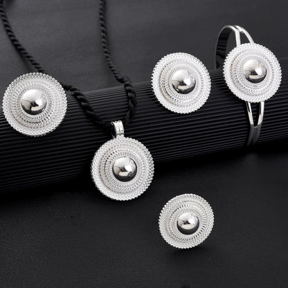 Africa Silver Color Round Geometry Jewelry Set Dubai Pendant Necklace Ring Earrings Arab Ethiopian Bride Wedding Party Gifts