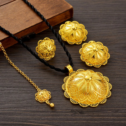 Women Exquisite Luxury Jewelry Set Big Pendant Necklace Ring Earrings Head Chain African Bride Wedding Tradional Gift