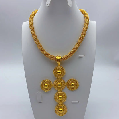 Ethiopian Cross Pendant Twisted Chain for Women Man African Wedding Party Gold Plated Dubai Eritrea Jewelry Cross Gift