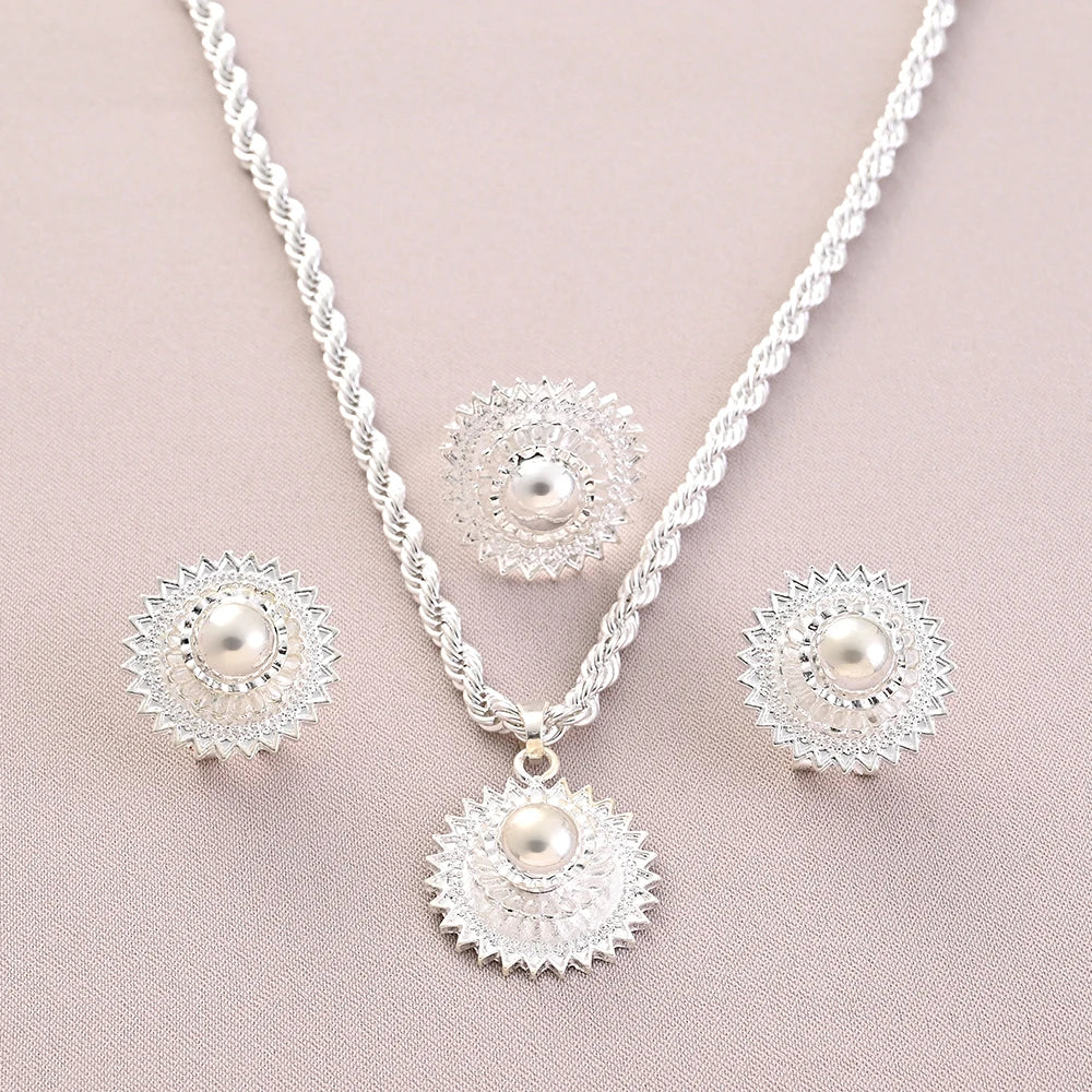 Ethiopian Silver Color Small Jewelry Sets Necklace Earrings Ring Gifts Party Jewellery Set For Women