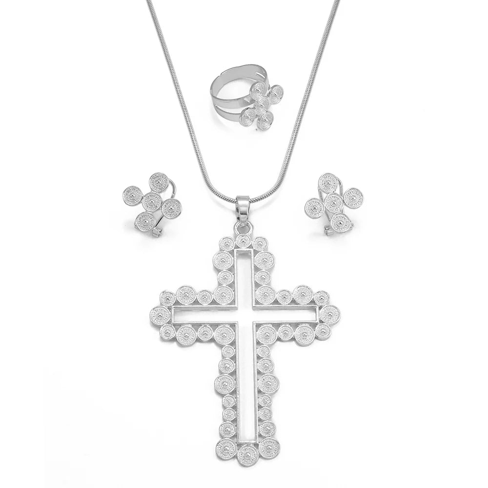 African Cross Necklace Earrings Ring Jewelry Sets Silver & Gold Color Ethiopian Eritrean Holiday Party Ornaments