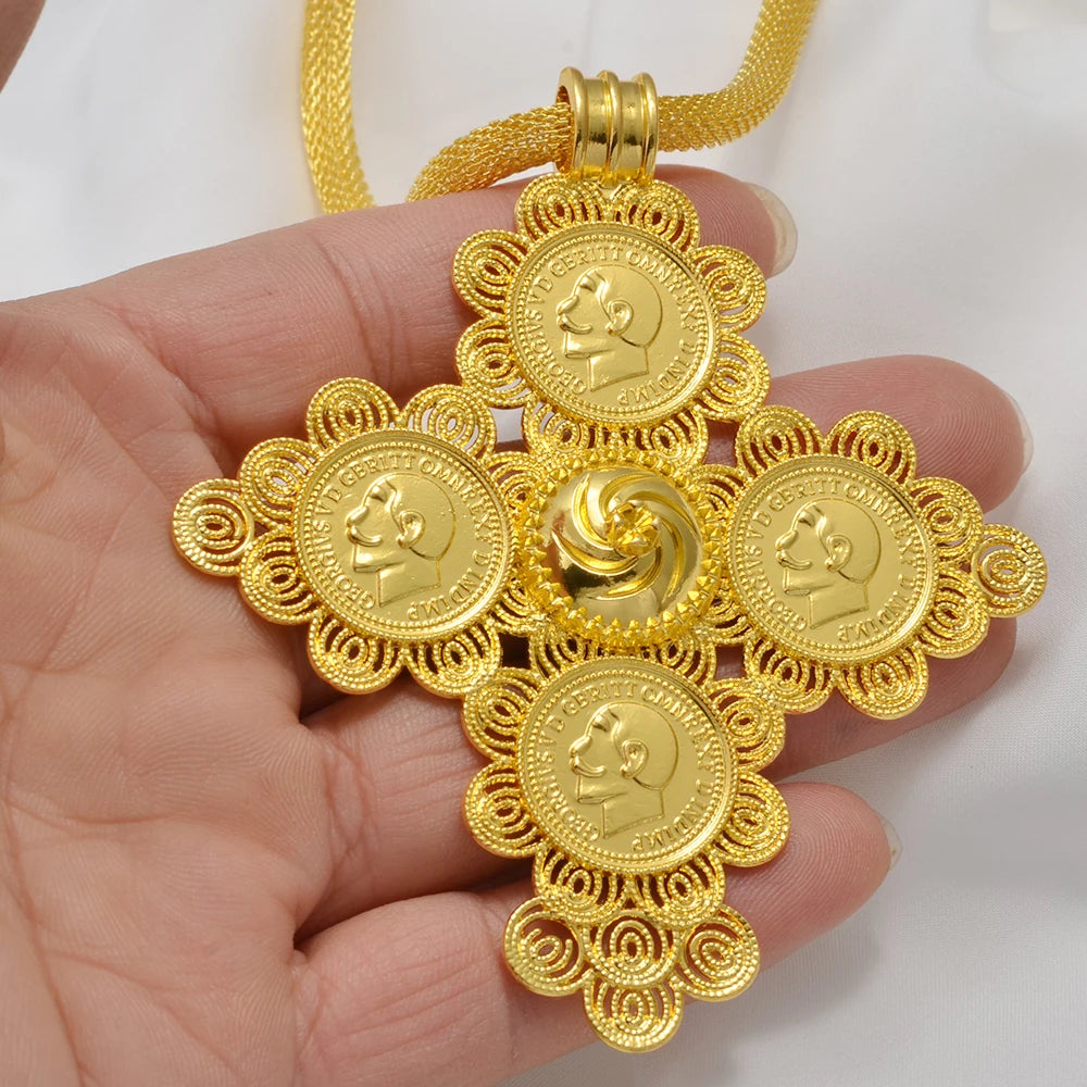 Ethiopian Big Cross Pendant Necklaces for Women  Gold Color Eritrean African Ethnic Traditional Jewelry