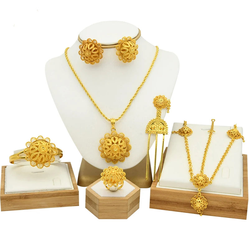 Ethiopian Gold Plated 6PCS Jewelry Set For Woman Big Pendant Necklace Wedding Engagement Gifts