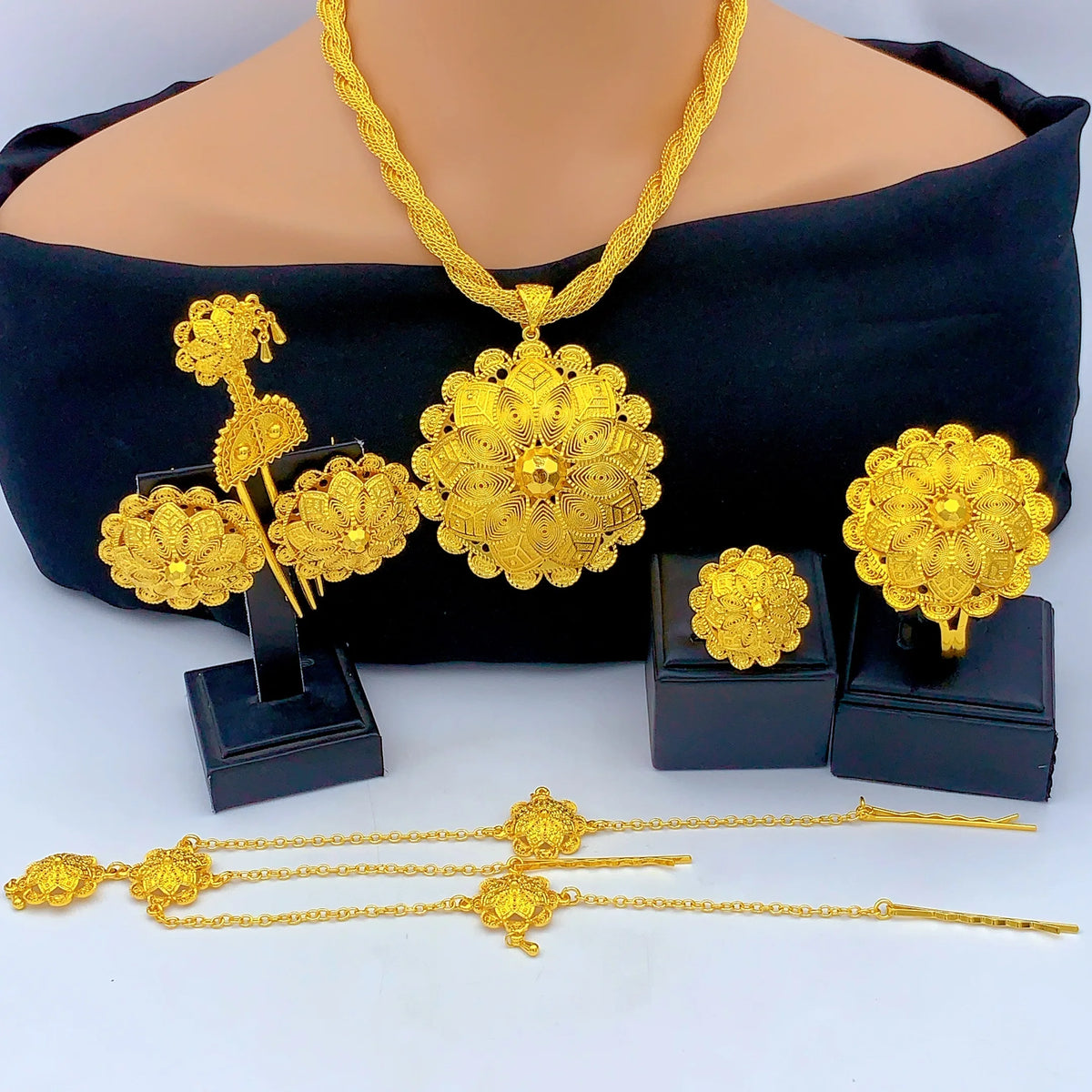 Ethiopian Gold Plated 6PCS Jewelry Set For Woman Big Pendant Necklace Wedding Engagement Gifts