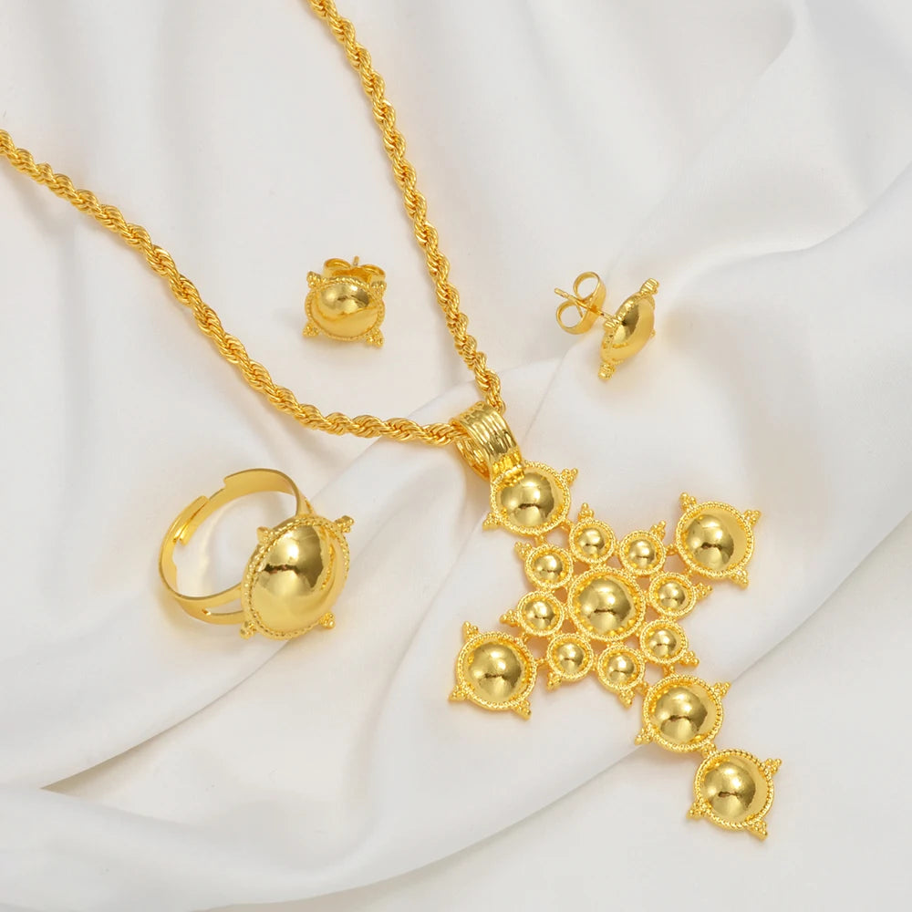 Ethiopian Cross Necklace Earrings Rings African Party Jewelry Set Women  Eritrean Habesha Accessories