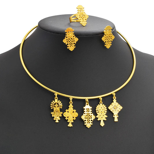 Ethiopian Eritrea Ethnic Jewelry Sets With Cross Chokers Earrings Rings for Women  Africa Wedding Party Gifts
